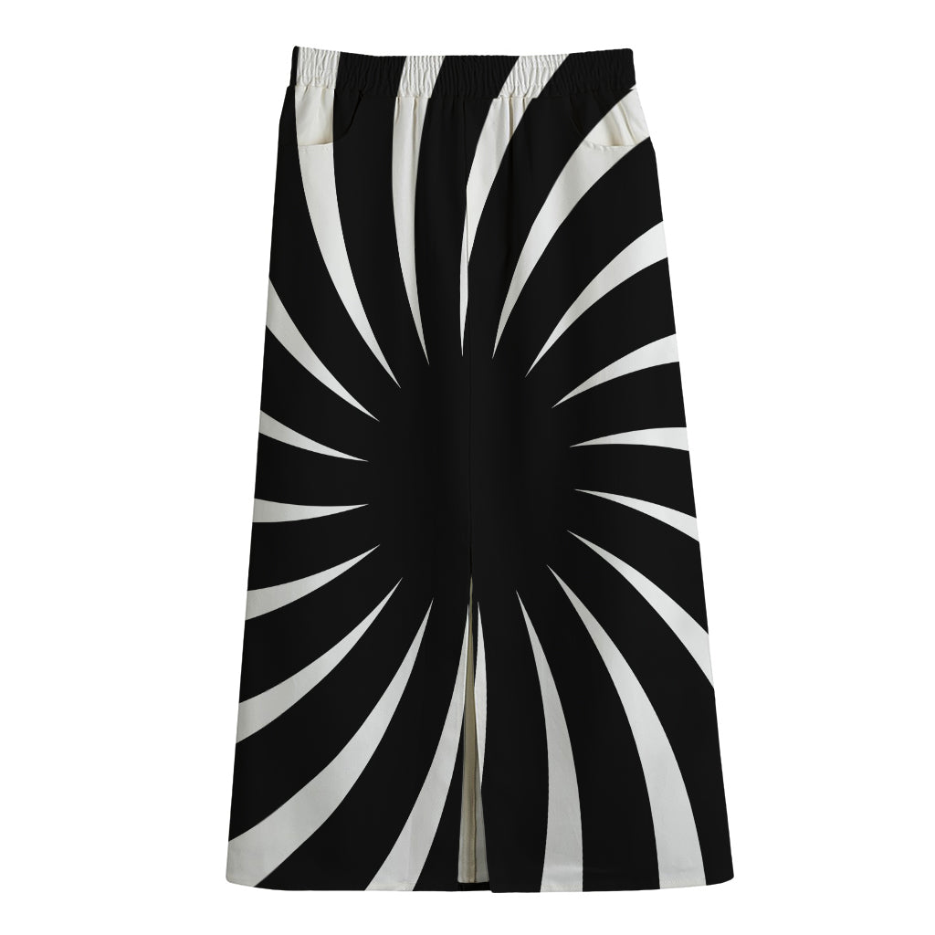 Black And White Vortex Swirl Print Cotton Front Slit Maxi Skirt