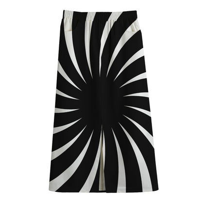 Black And White Vortex Swirl Print Cotton Front Slit Maxi Skirt