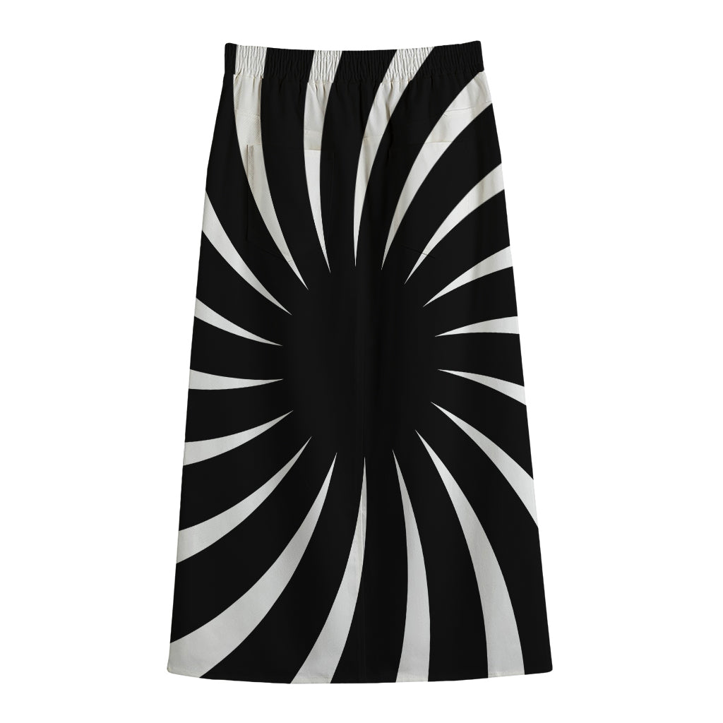 Black And White Vortex Swirl Print Cotton Front Slit Maxi Skirt