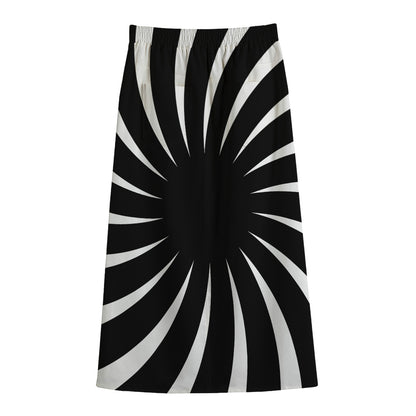 Black And White Vortex Swirl Print Cotton Front Slit Maxi Skirt