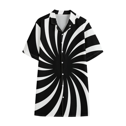 Black And White Vortex Swirl Print Cotton Hawaiian Shirt