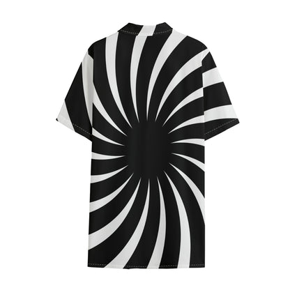 Black And White Vortex Swirl Print Cotton Hawaiian Shirt