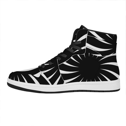 Black And White Vortex Swirl Print High Top Leather Sneakers