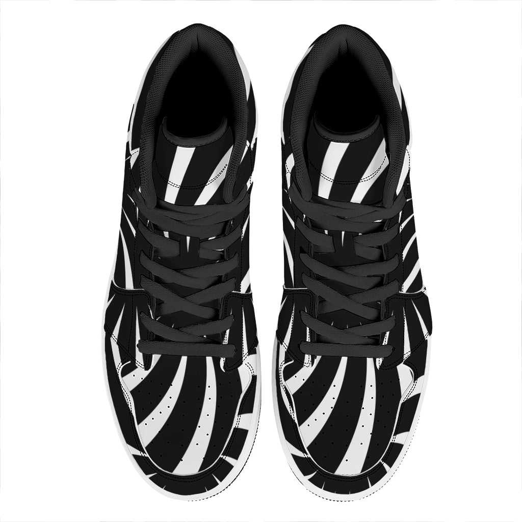Black And White Vortex Swirl Print High Top Leather Sneakers