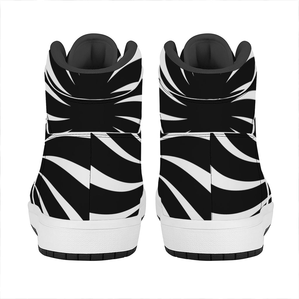 Black And White Vortex Swirl Print High Top Leather Sneakers