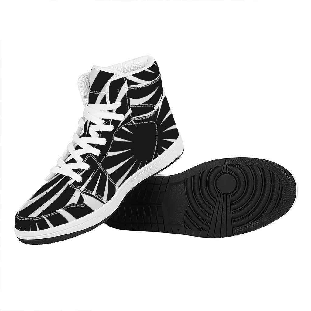Black And White Vortex Swirl Print High Top Leather Sneakers