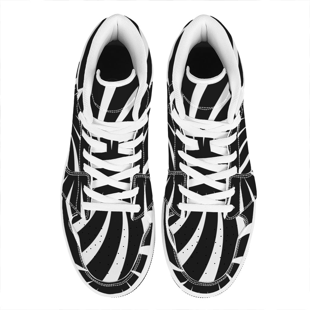 Black And White Vortex Swirl Print High Top Leather Sneakers