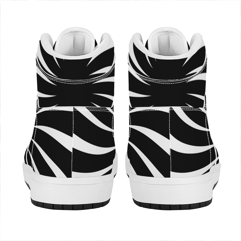 Black And White Vortex Swirl Print High Top Leather Sneakers