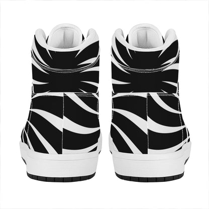 Black And White Vortex Swirl Print High Top Leather Sneakers