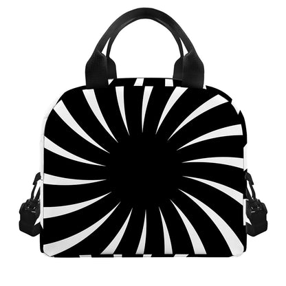 Black And White Vortex Swirl Print Insulated Lunch Bag