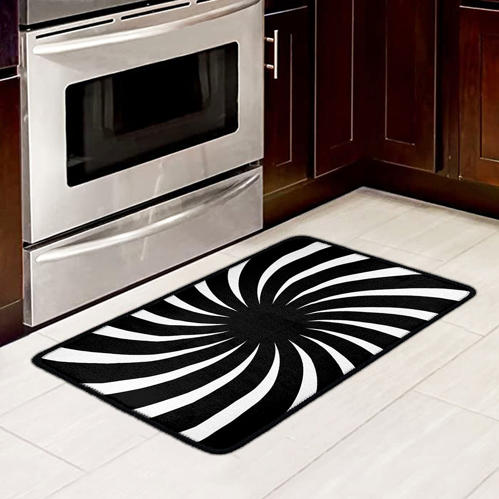 Black And White Vortex Swirl Print Kitchen Mat