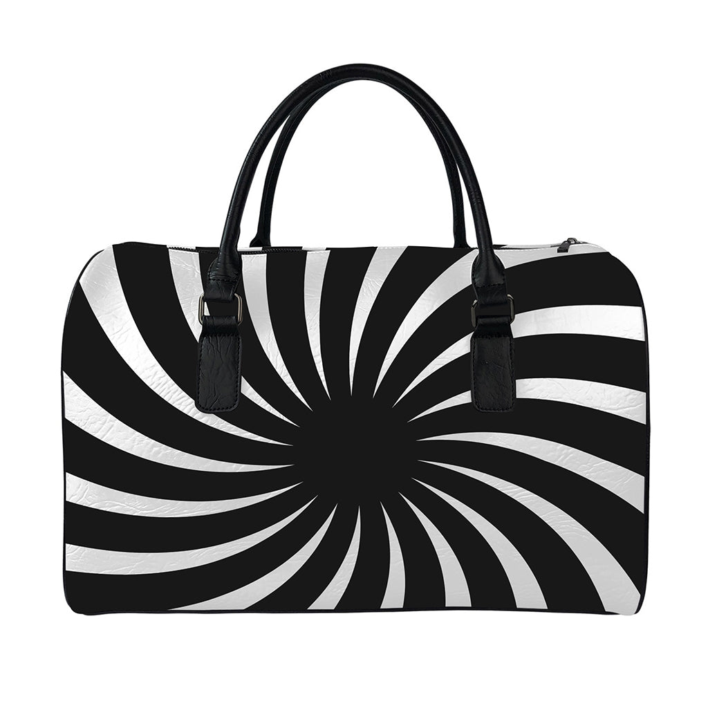 Black And White Vortex Swirl Print Leather Duffle Bag