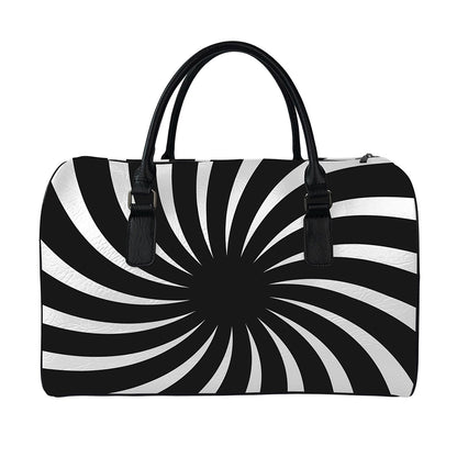 Black And White Vortex Swirl Print Leather Duffle Bag