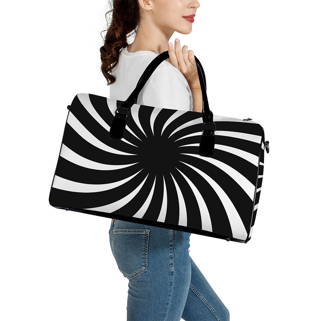 Black And White Vortex Swirl Print Leather Duffle Bag