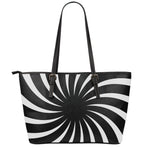 Black And White Vortex Swirl Print Leather Tote Bag