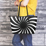 Black And White Vortex Swirl Print Leather Tote Bag