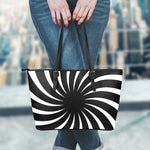 Black And White Vortex Swirl Print Leather Tote Bag