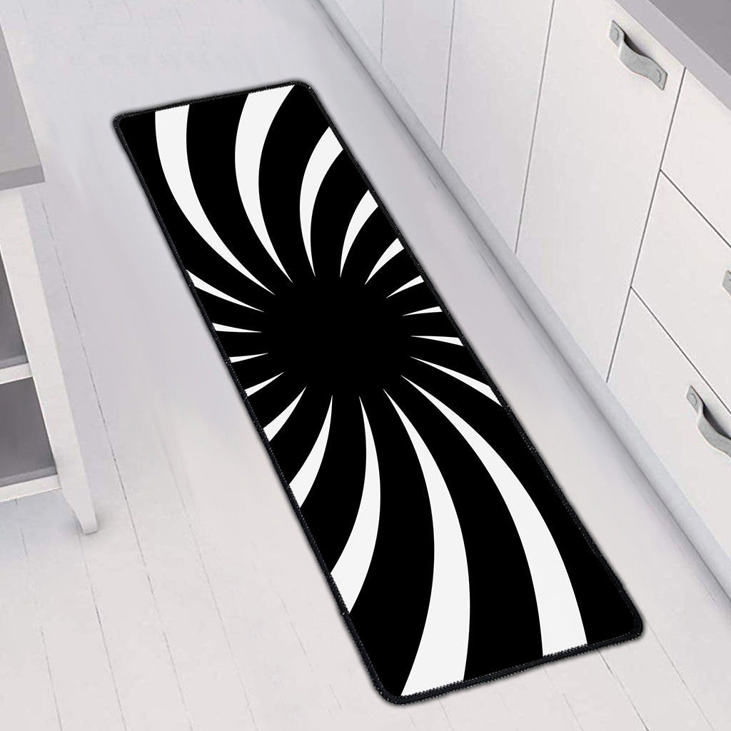 Black And White Vortex Swirl Print Long Kitchen Mat