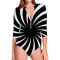 Black And White Vortex Swirl Print Long Sleeve Swimsuit
