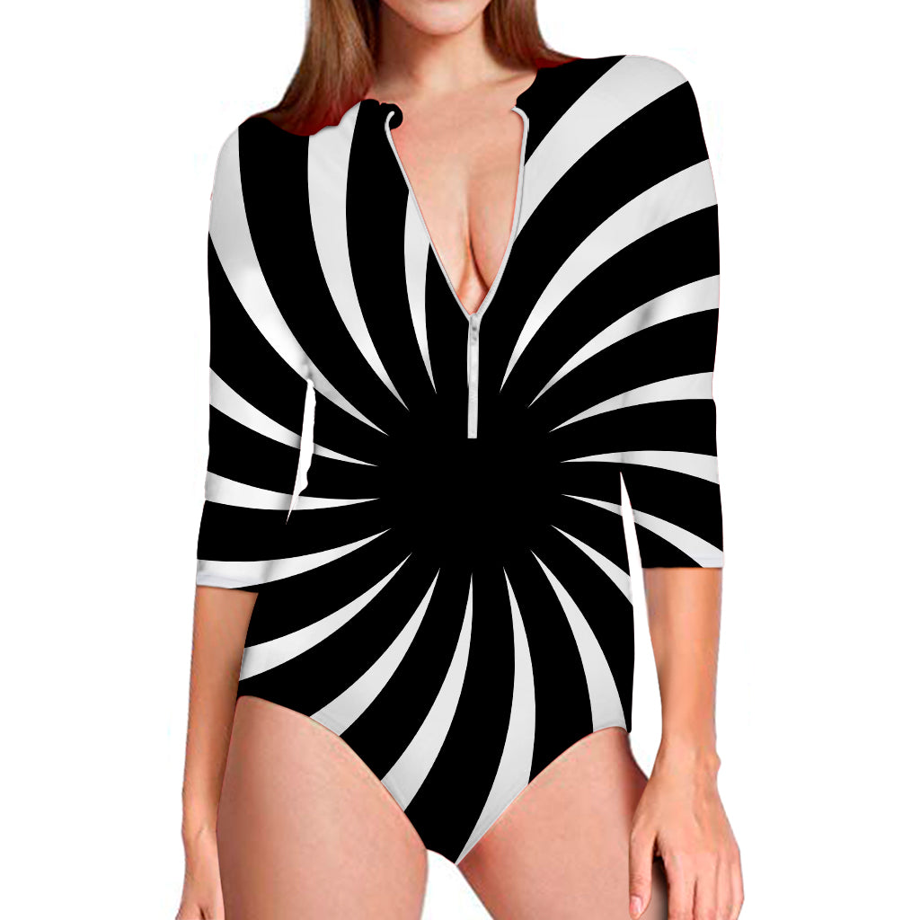 Black And White Vortex Swirl Print Long Sleeve Swimsuit