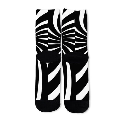 Black And White Vortex Swirl Print Long Socks
