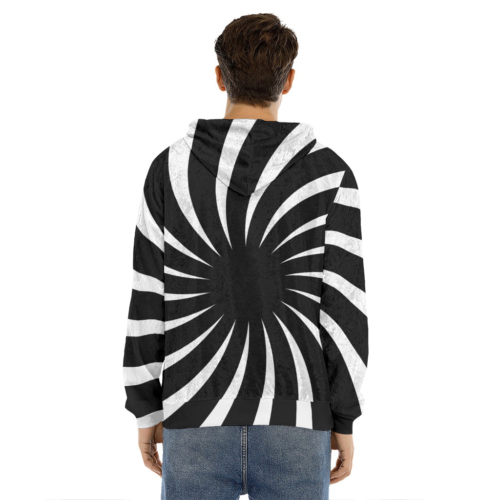 Black And White Vortex Swirl Print Men's Velvet Pullover Hoodie