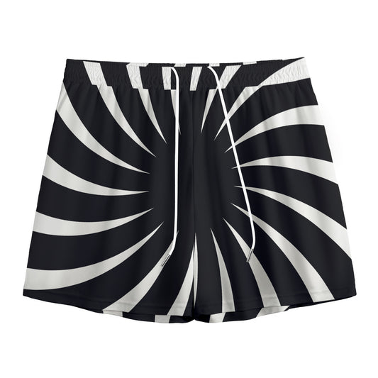 Black And White Vortex Swirl Print Mesh Shorts