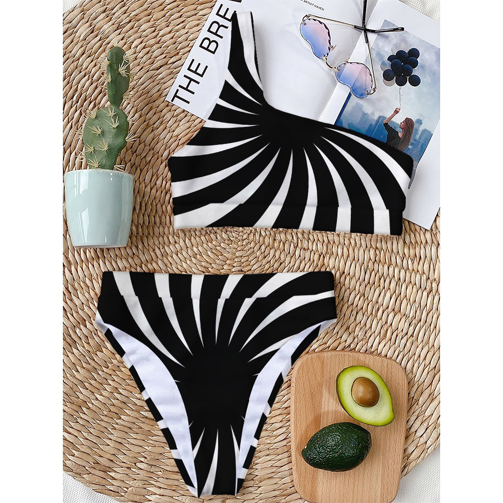 Black And White Vortex Swirl Print One Shoulder Bikini Top