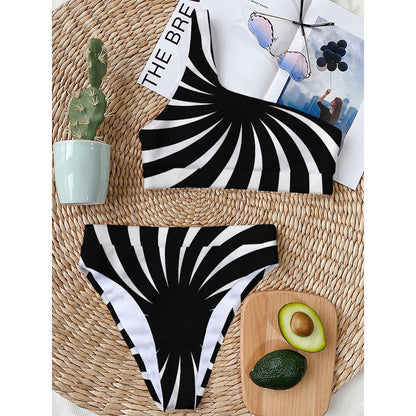 Black And White Vortex Swirl Print One Shoulder Bikini Top