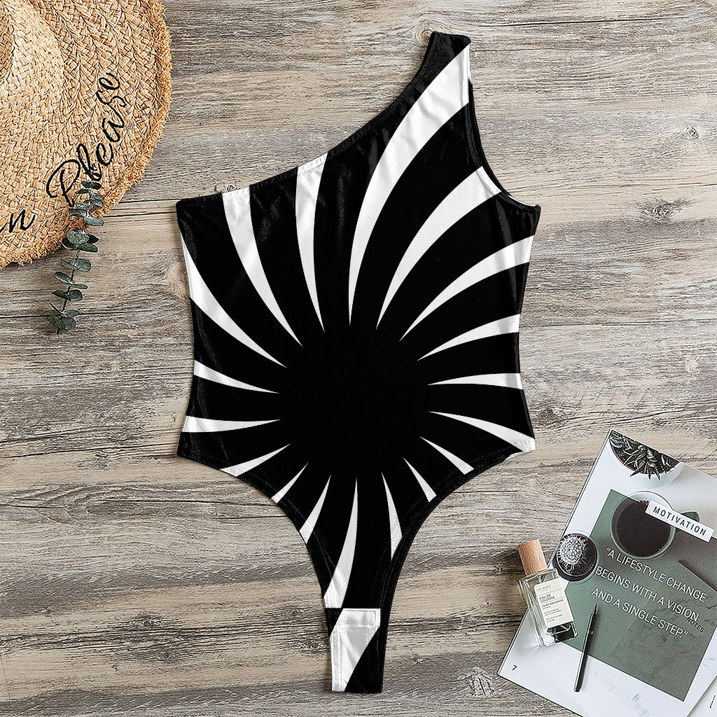 Black And White Vortex Swirl Print One Shoulder Bodysuit