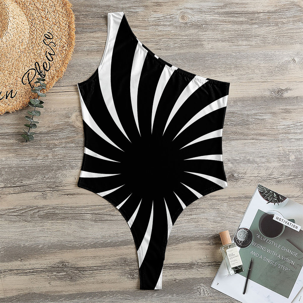Black And White Vortex Swirl Print One Shoulder Bodysuit