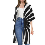 Black And White Vortex Swirl Print Open Front Beach Cover Up