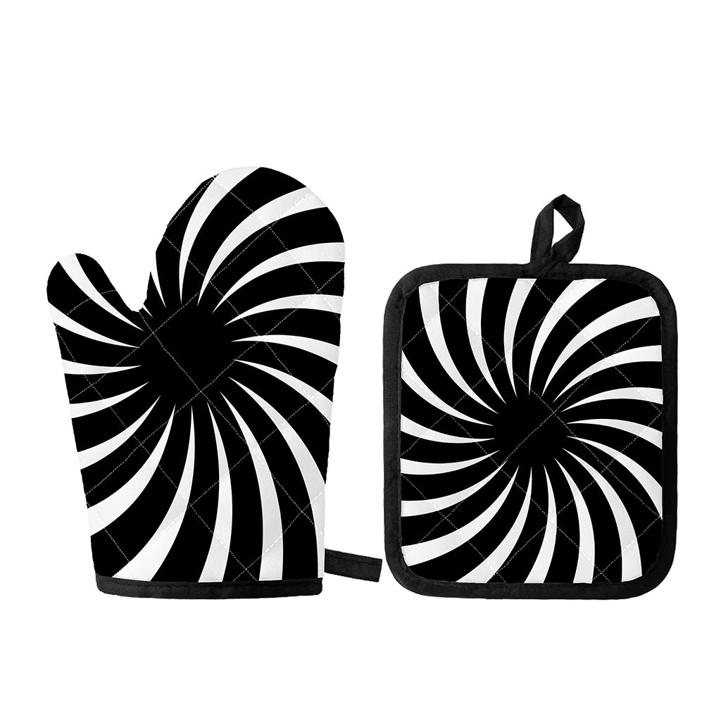 Black And White Vortex Swirl Print Oven Mitt And Pot Holder Set