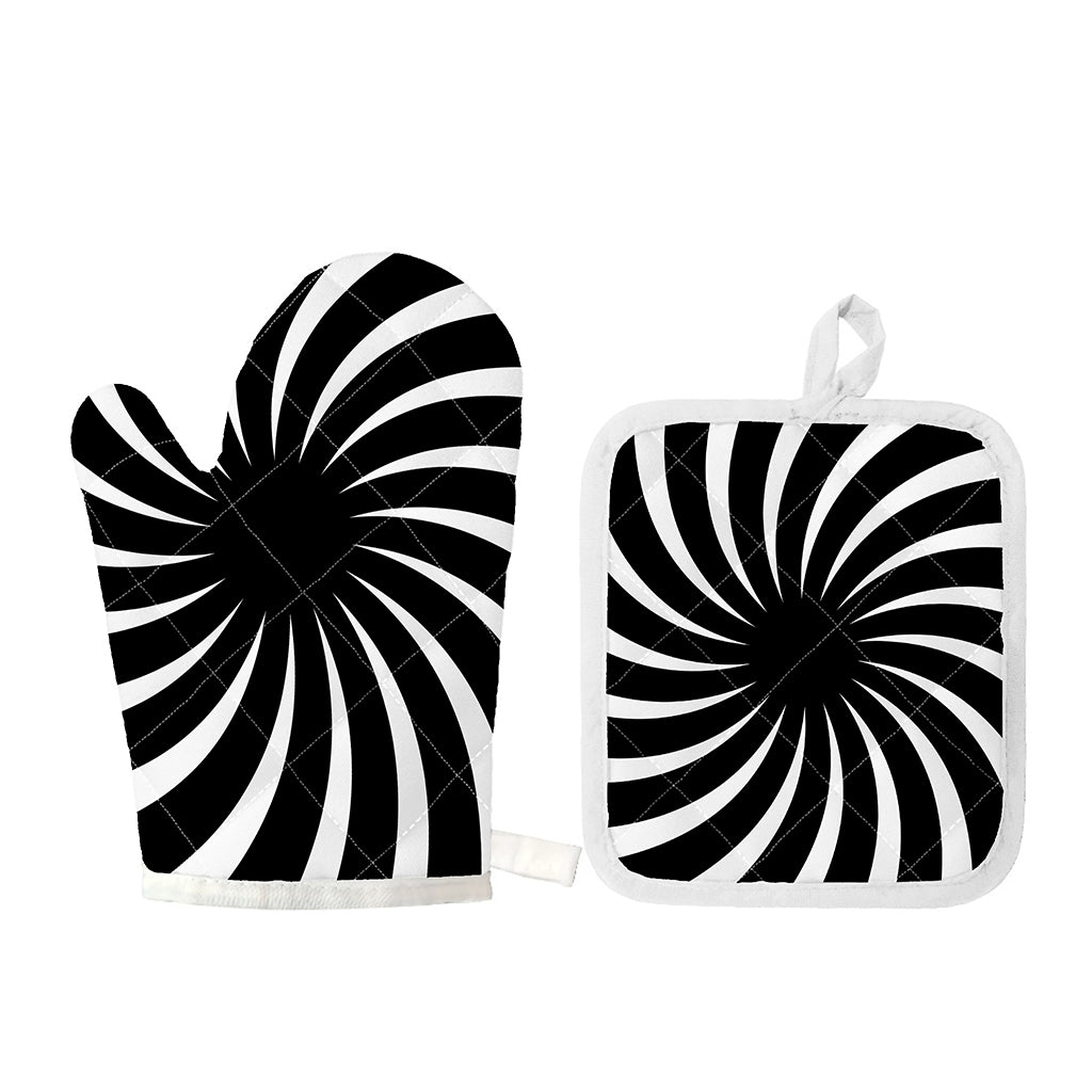 Black And White Vortex Swirl Print Oven Mitt And Pot Holder Set