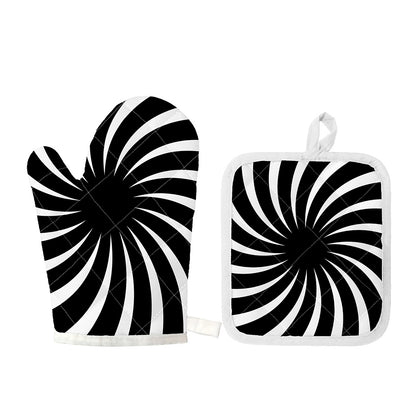 Black And White Vortex Swirl Print Oven Mitt And Pot Holder Set