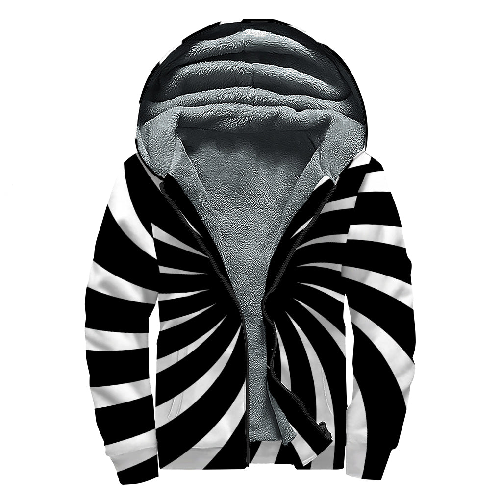 Black And White Vortex Swirl Print Sherpa Lined Zip Up Hoodie
