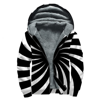 Black And White Vortex Swirl Print Sherpa Lined Zip Up Hoodie