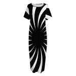 Black And White Vortex Swirl Print Short Sleeve Long Nightdress