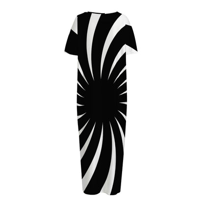 Black And White Vortex Swirl Print Short Sleeve Long Nightdress