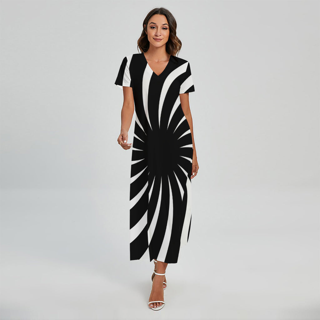 Black And White Vortex Swirl Print Short Sleeve Maxi Dress
