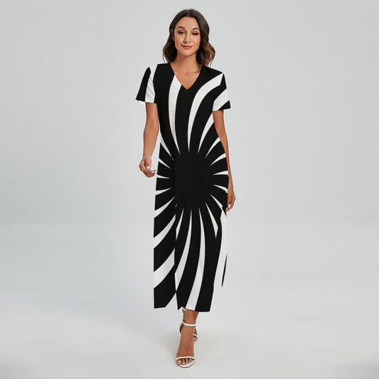 Black And White Vortex Swirl Print Short Sleeve Maxi Dress
