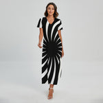 Black And White Vortex Swirl Print Short Sleeve Maxi Dress