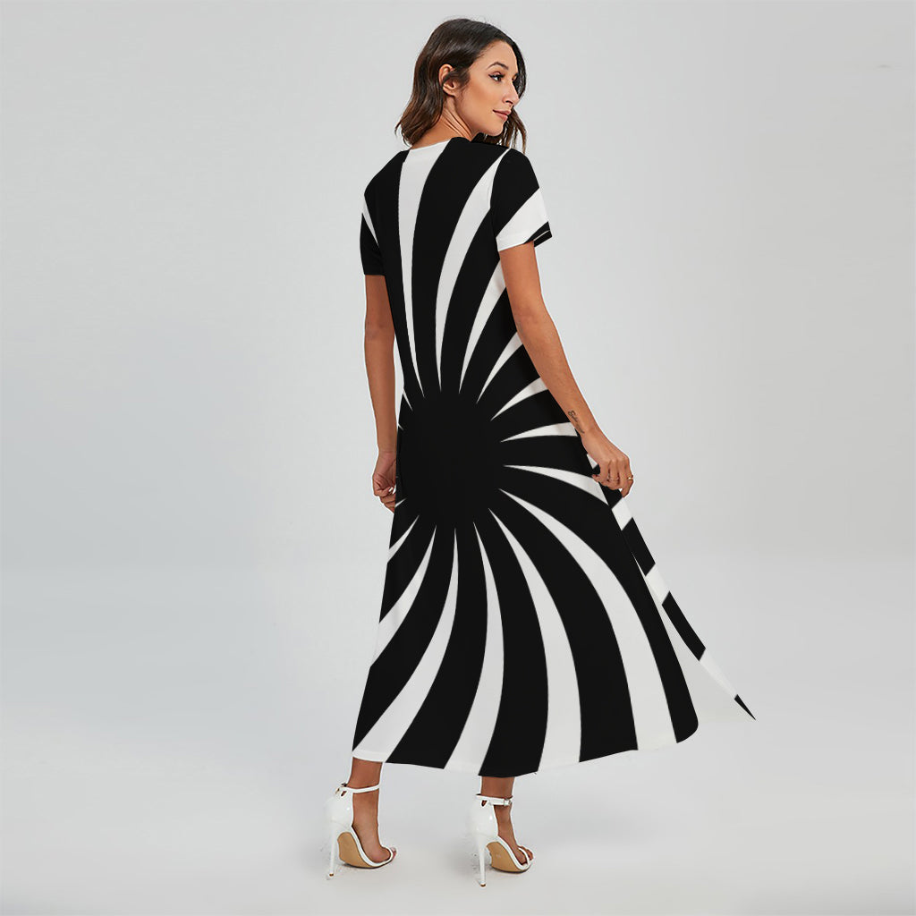 Black And White Vortex Swirl Print Short Sleeve Maxi Dress