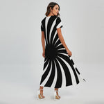 Black And White Vortex Swirl Print Short Sleeve Maxi Dress