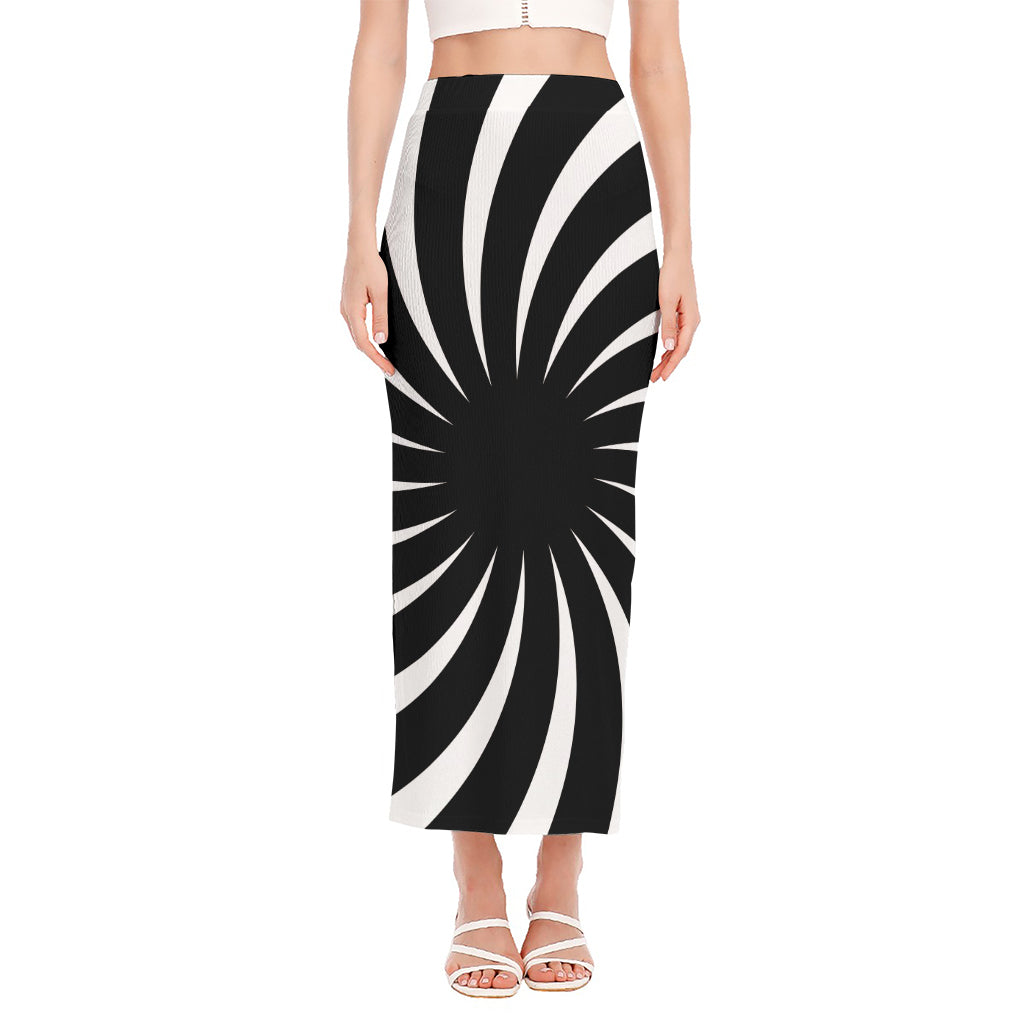 Black And White Vortex Swirl Print Side Slit Maxi Skirt