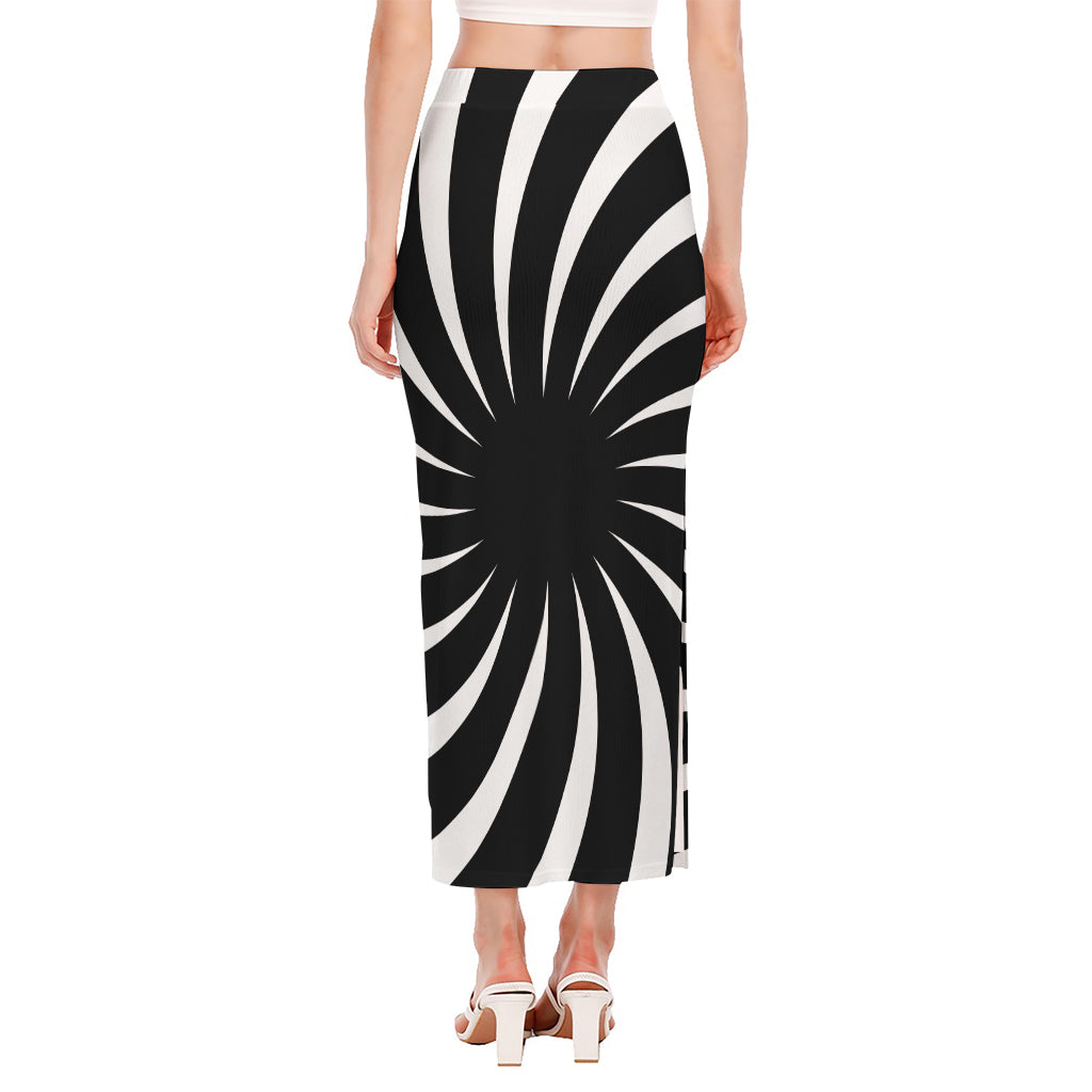 Black And White Vortex Swirl Print Side Slit Maxi Skirt