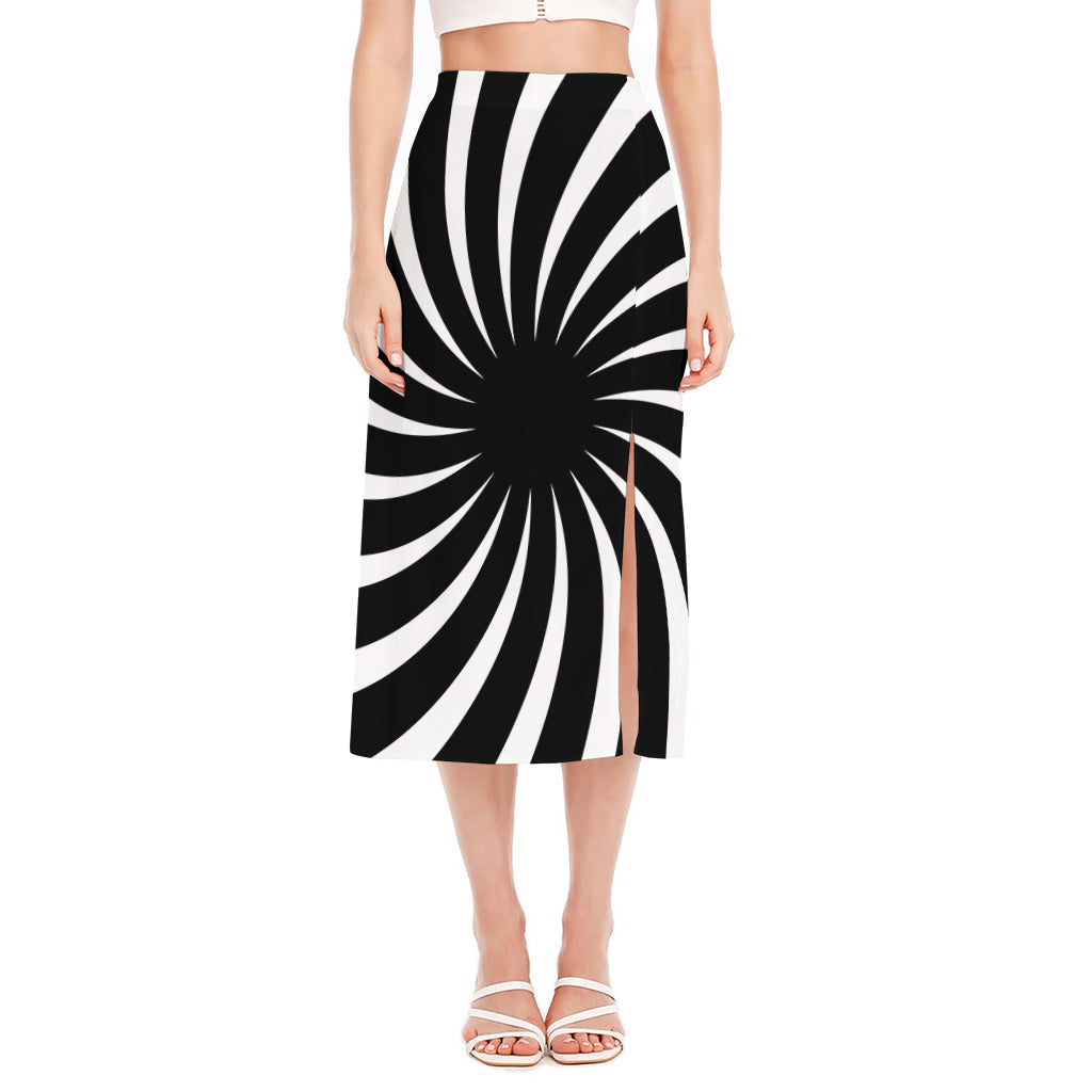 Black And White Vortex Swirl Print Side Slit Midi Skirt