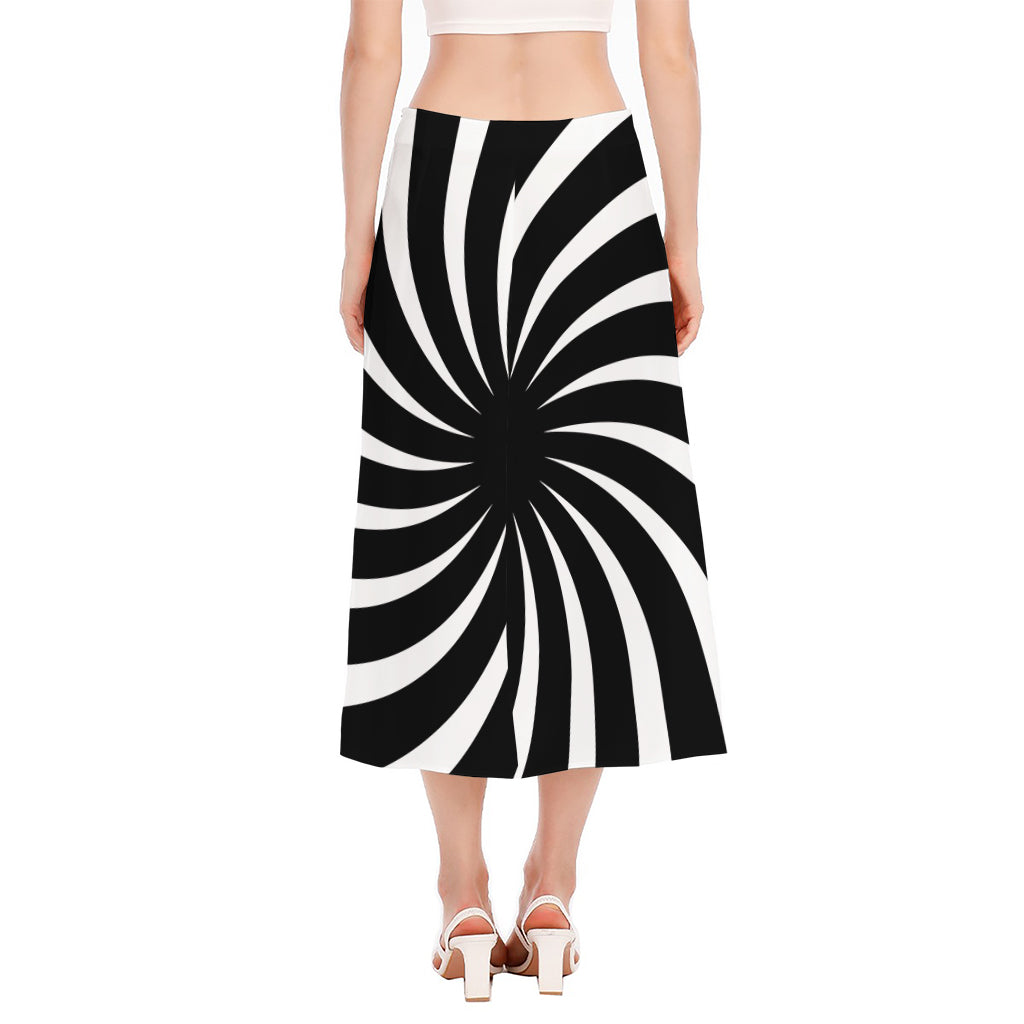 Black And White Vortex Swirl Print Side Slit Midi Skirt