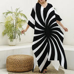 Black And White Vortex Swirl Print Silk V-Neck Kaftan Dress