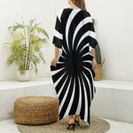 Black And White Vortex Swirl Print Silk V-Neck Kaftan Dress